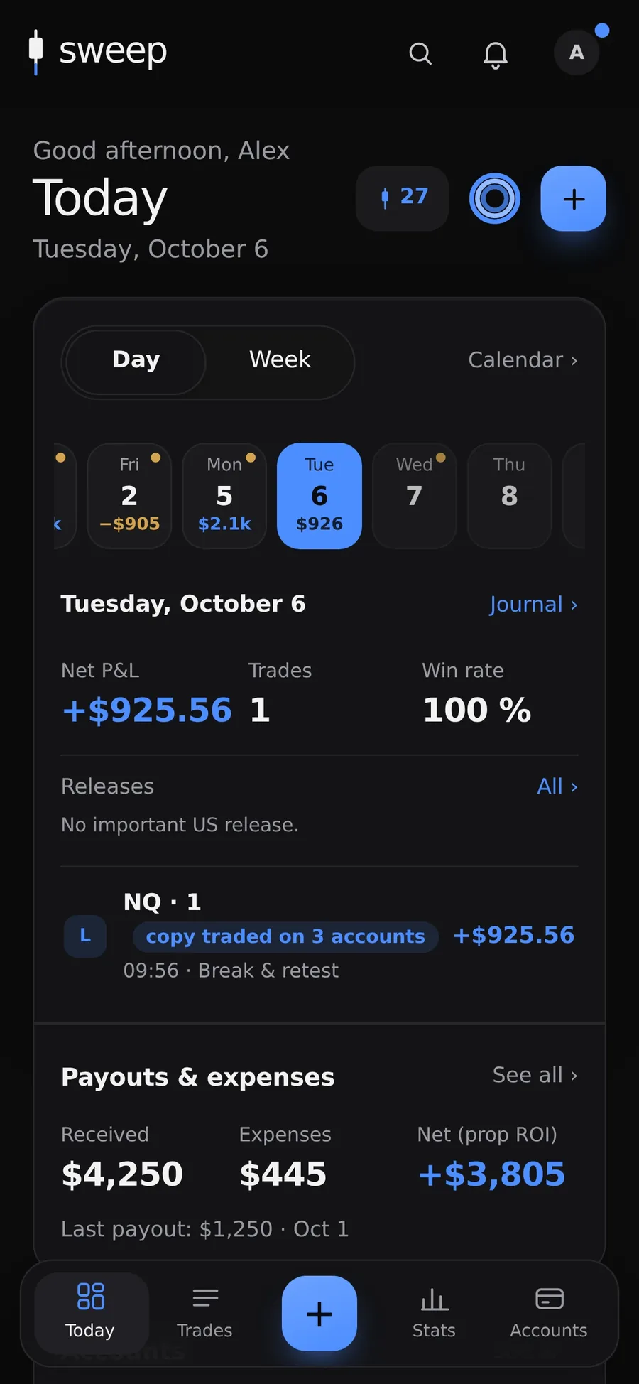 Today card with the three rings and shortcuts