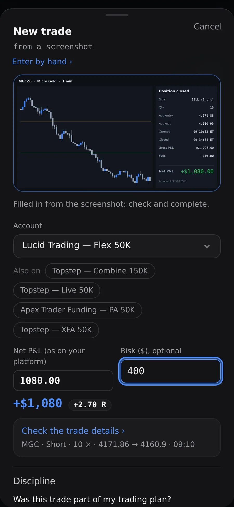 Trade form with net P&L and R first