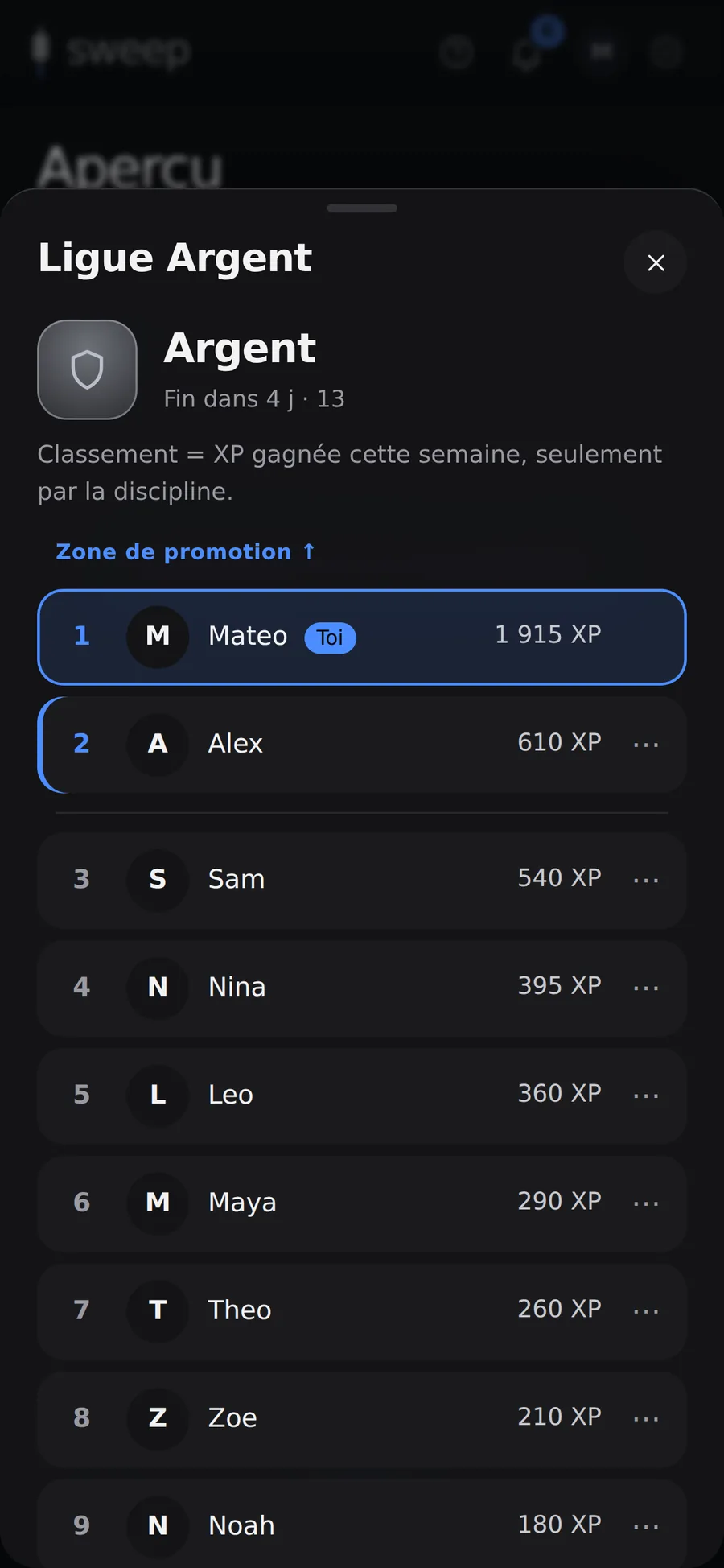 Classement de ligue avec la zone de promotion
