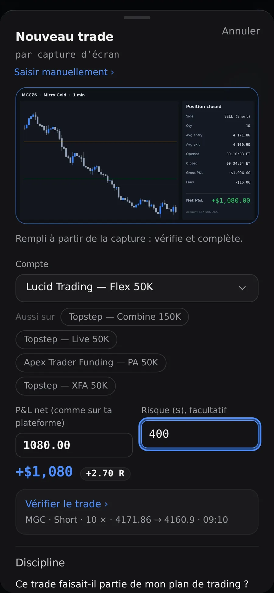Formulaire avec P&L net et R en premier