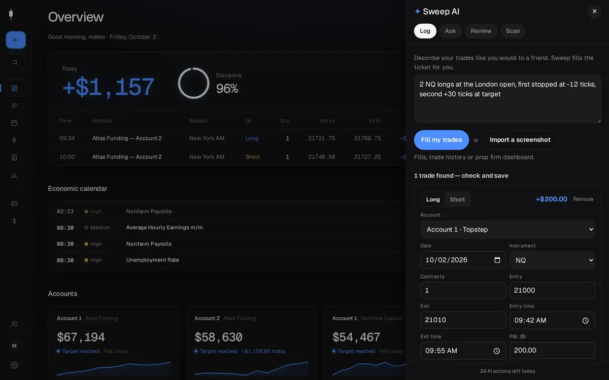 Sweep AI logging trades from a sentence