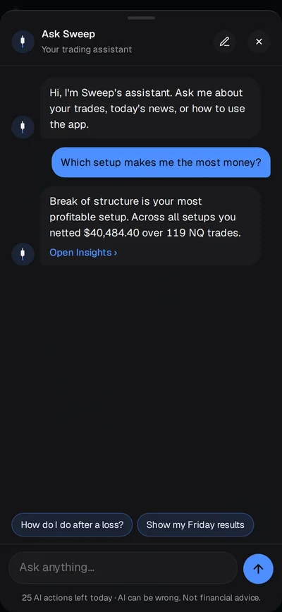Sweep AI logging trades from a sentence