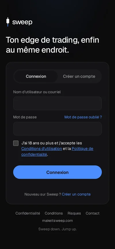 Écran de connexion Sweep sur téléphone